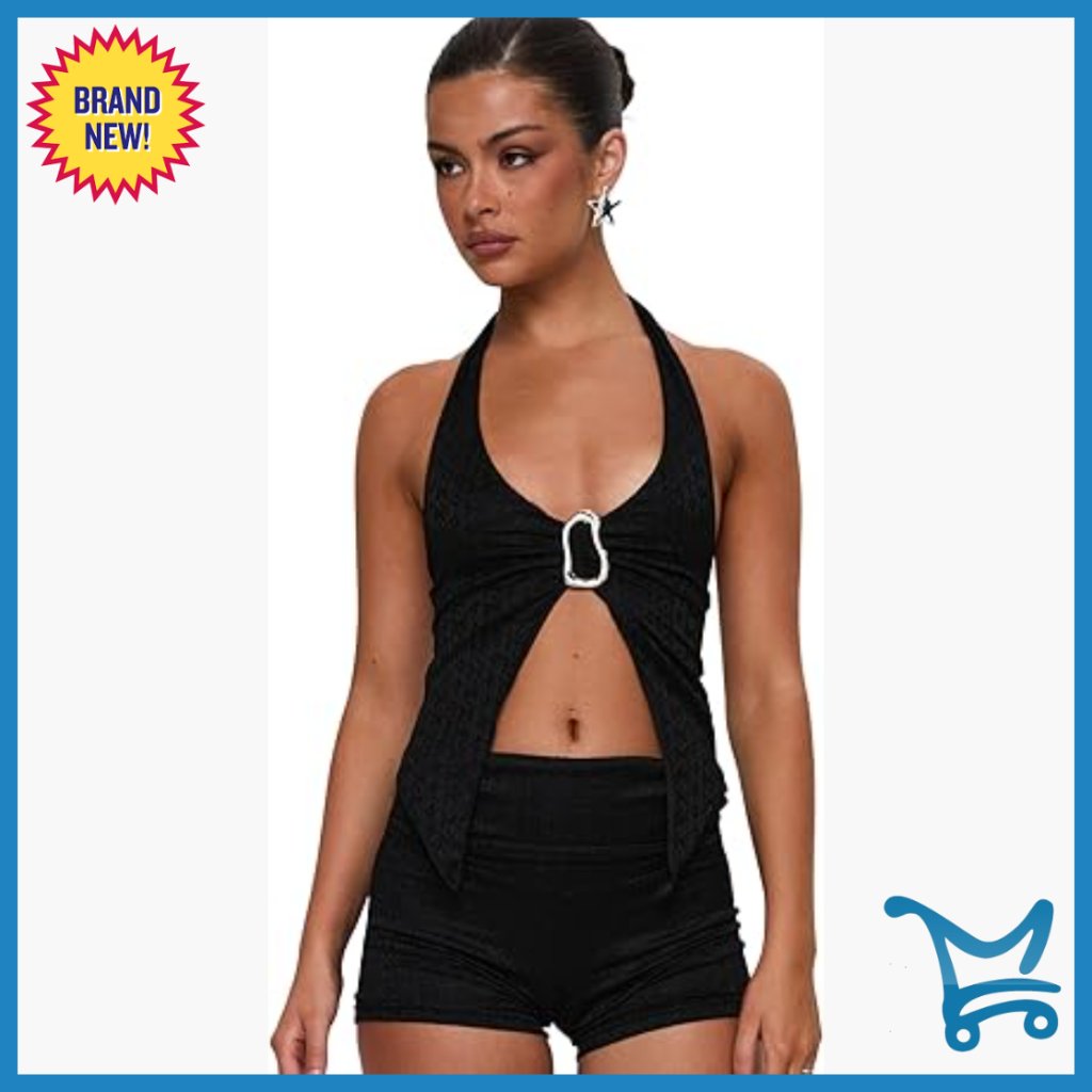 Lace Halter Top With Silver Hardware, Fitted Stretch For Night Out